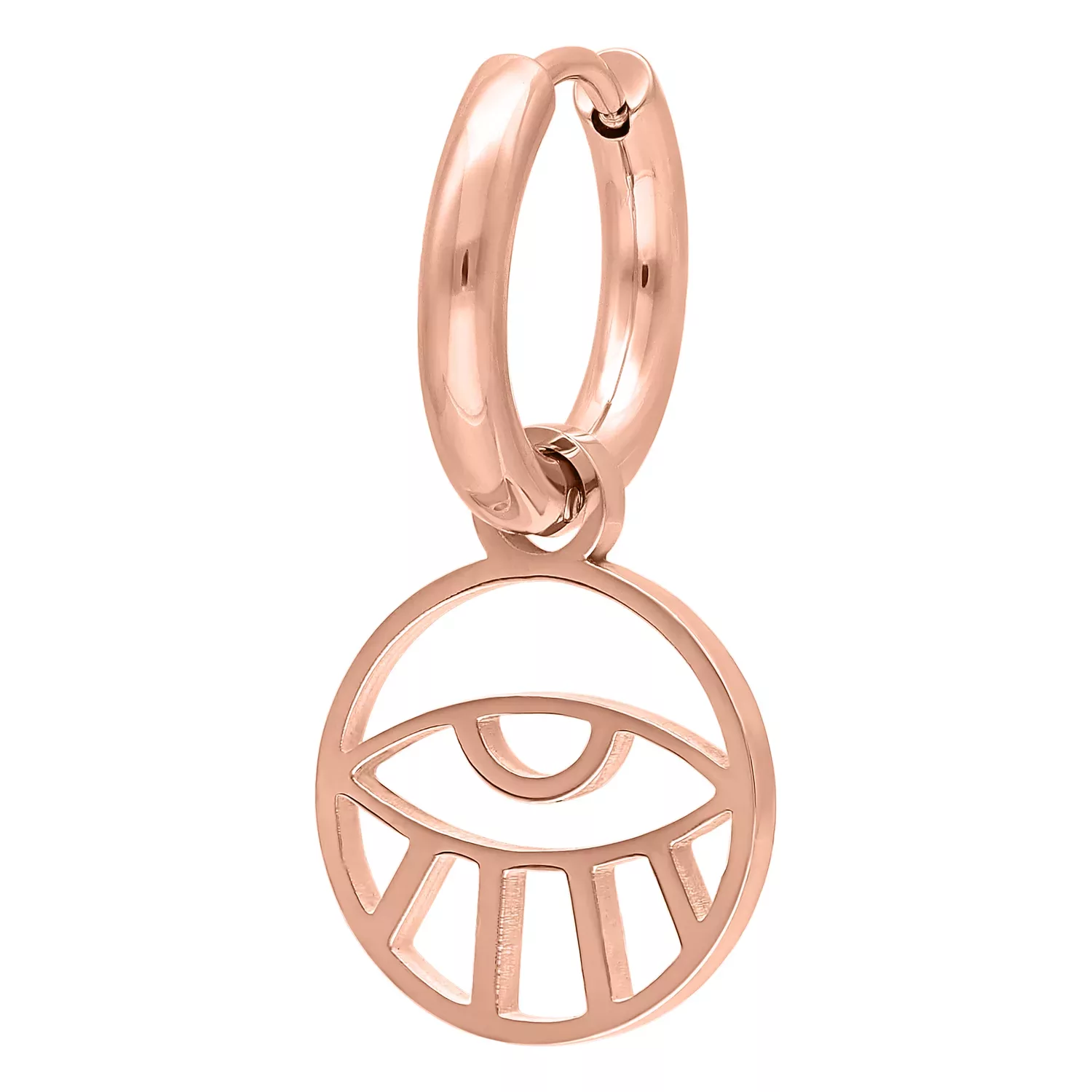 Rosékultainen korvarengas silmäriipuksella valkoisella taustalla