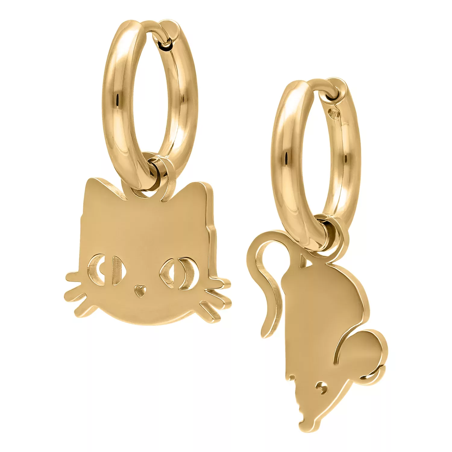 Kultaiset korvarenkaat, joissa on kissa- ja hiirimotiivi valkoisella taustalla