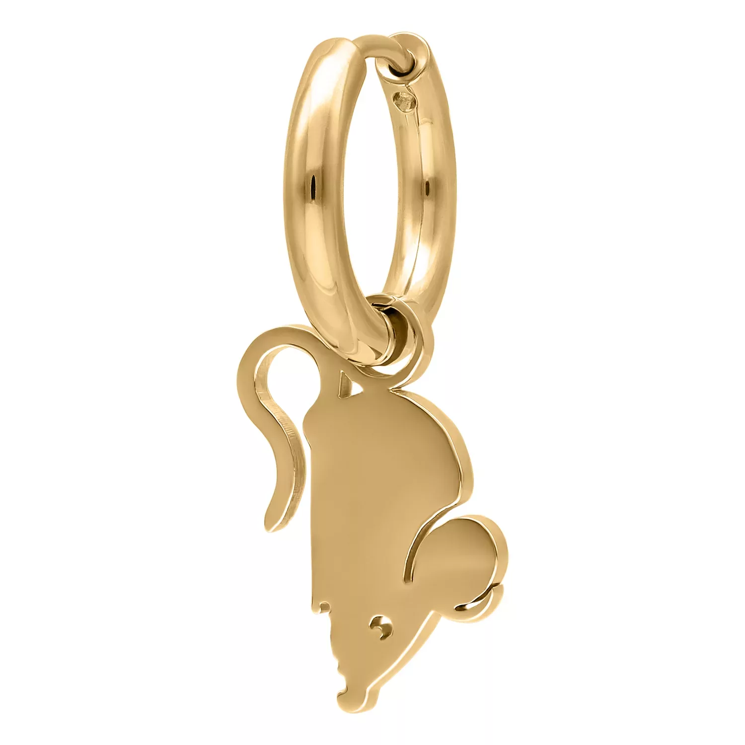 Kultaiset korvakorut kissan ja hiiren riipuksilla valkoisella taustalla