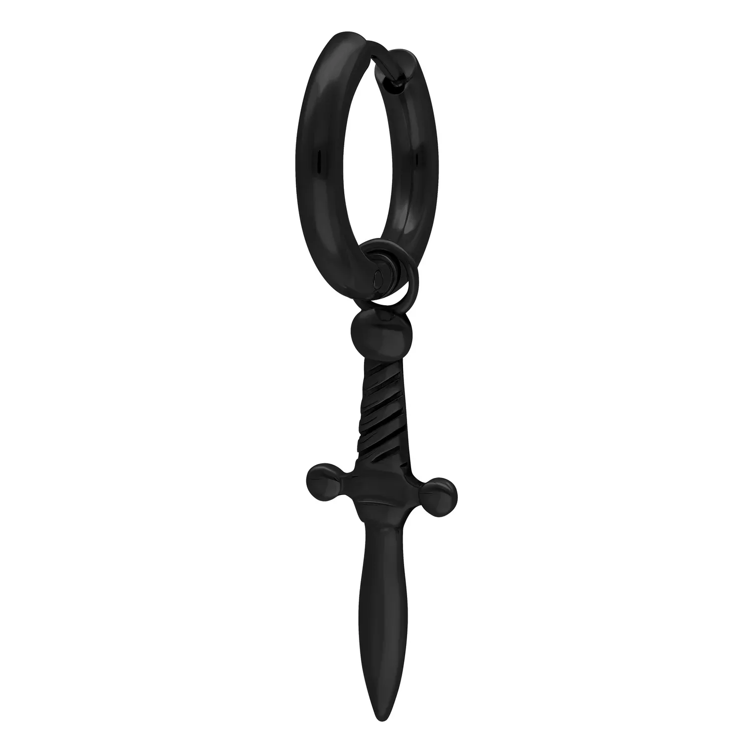 Musta korvakoru miekka-riipuksella valkoisella taustalla