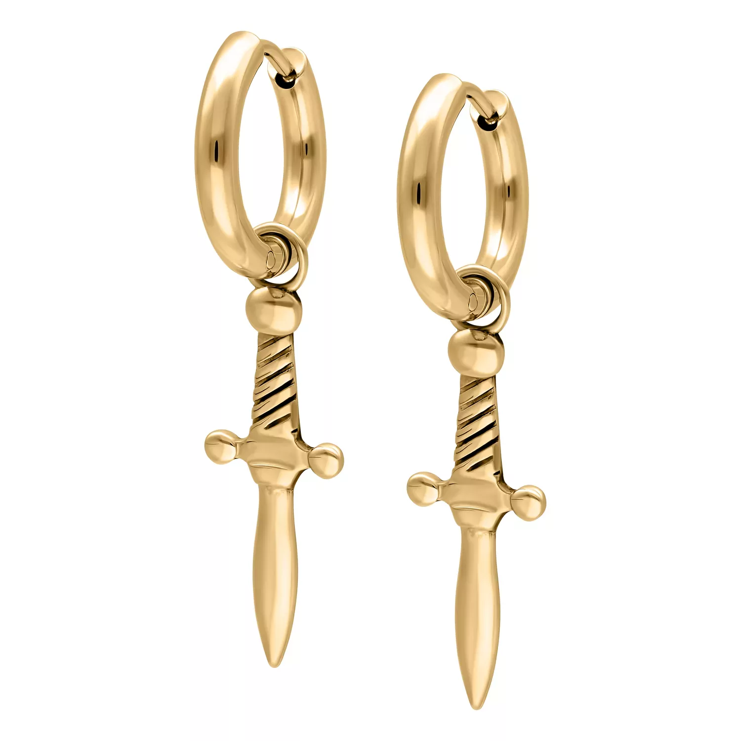 Kultaiset Little Sword Hoops -korvakorut Kultaiset miekka-aiheiset korvakorut valkoisella taustalla