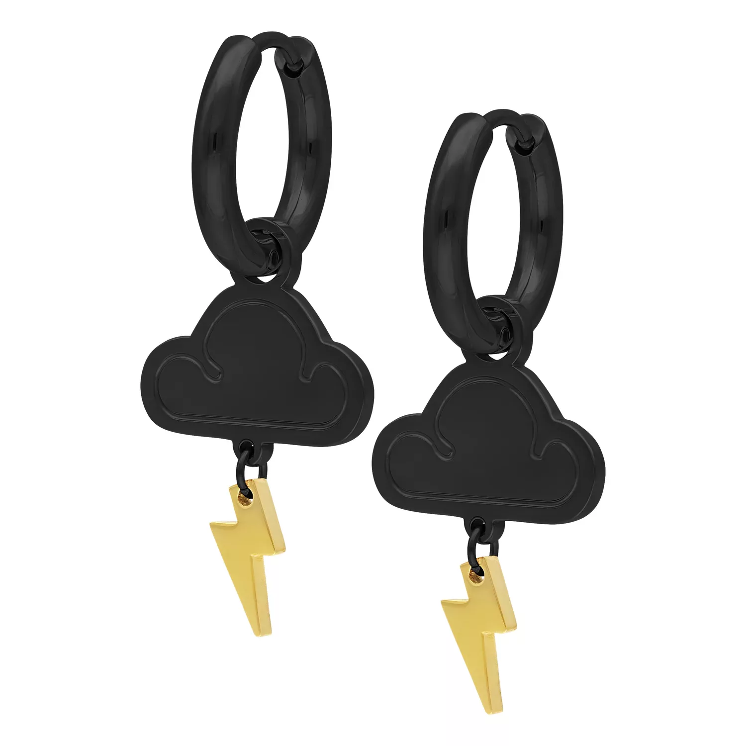 Mustat renkaat pilvi- ja salamakoristeella valkoisella taustalla