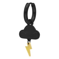 Musta korvakoru, jossa pilvi- ja salamakoriste valkoisella taustalla