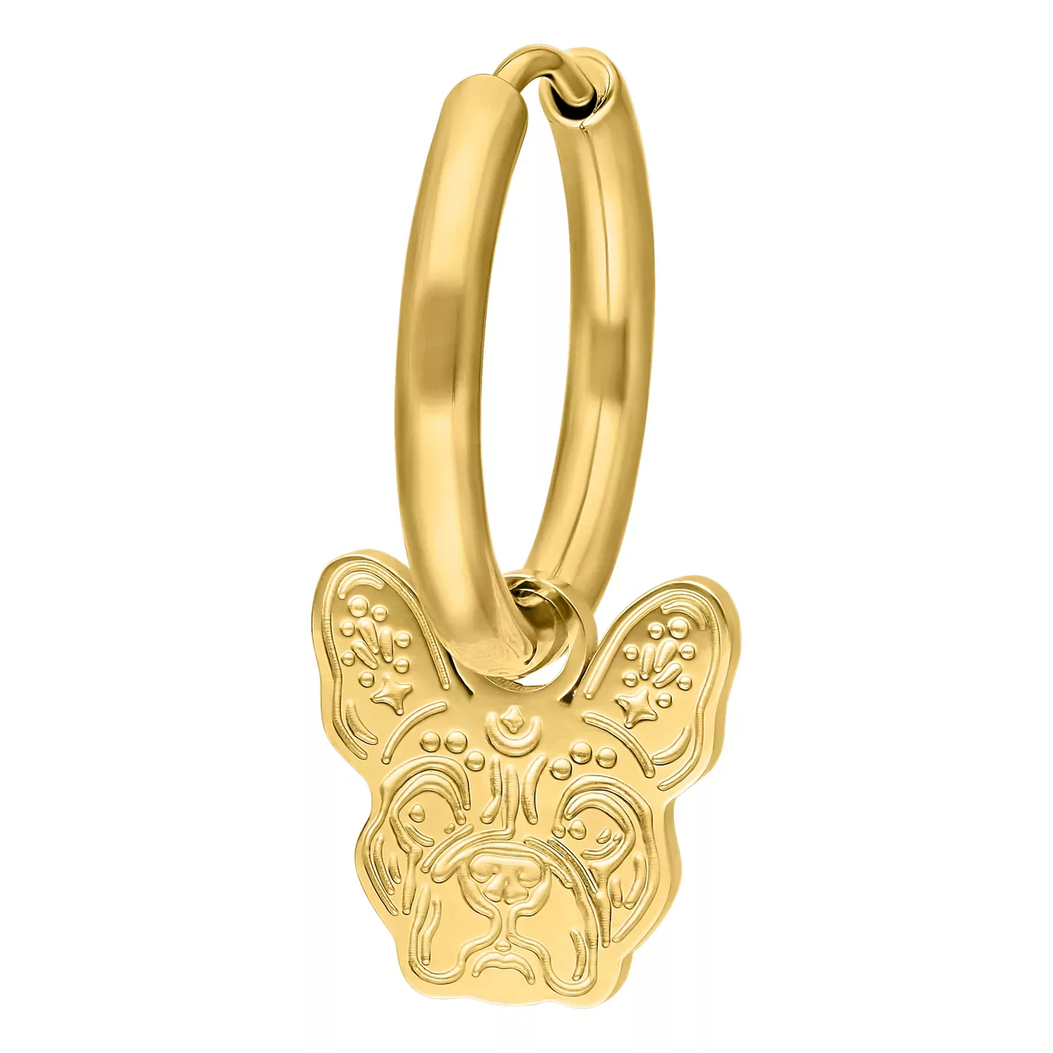 Kultainen korvakoru bulldog-riipuksella valkoisella taustalla