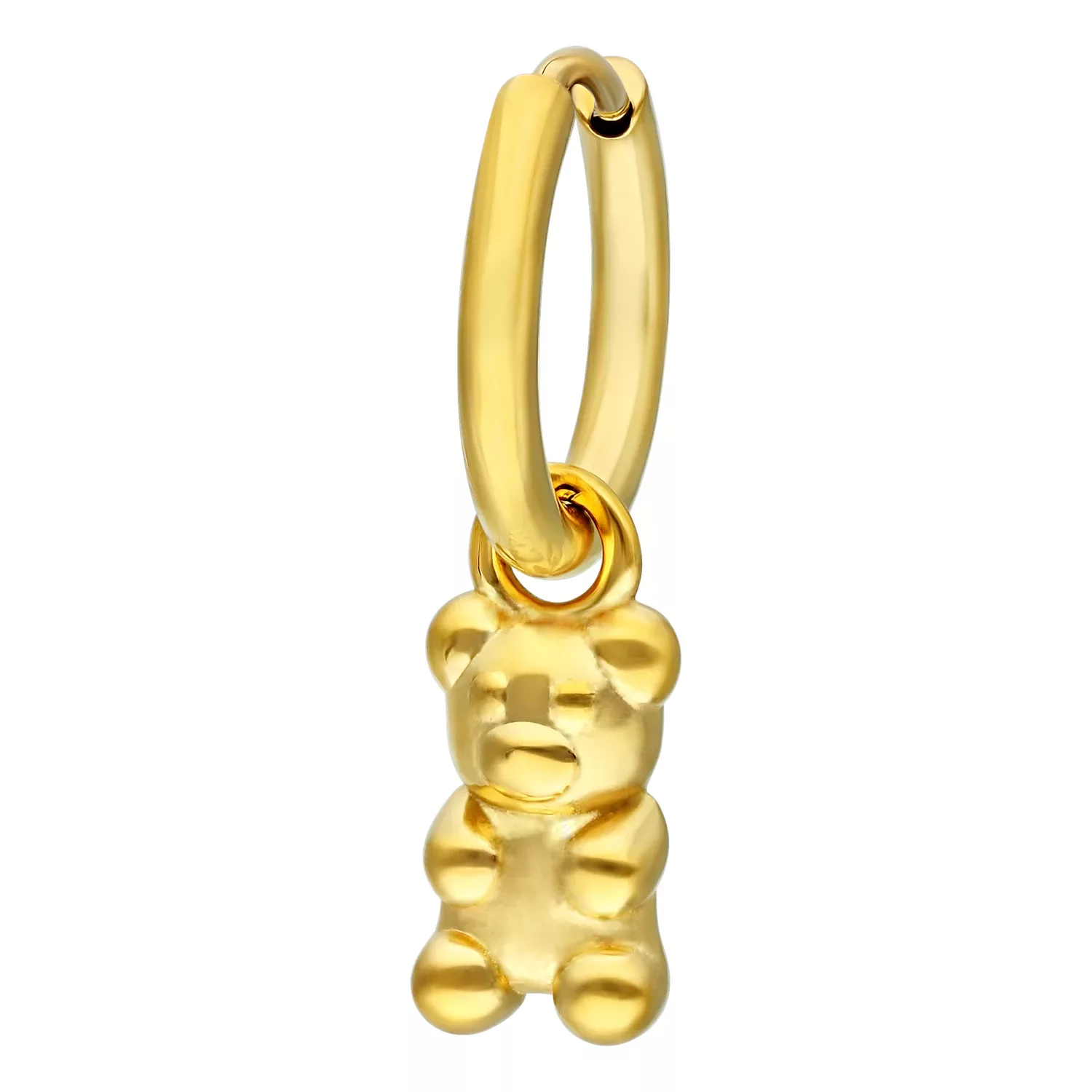 Kiiltävä kultainen korvakoru, jossa on nallekarhu-riipus valkoisella taustalla