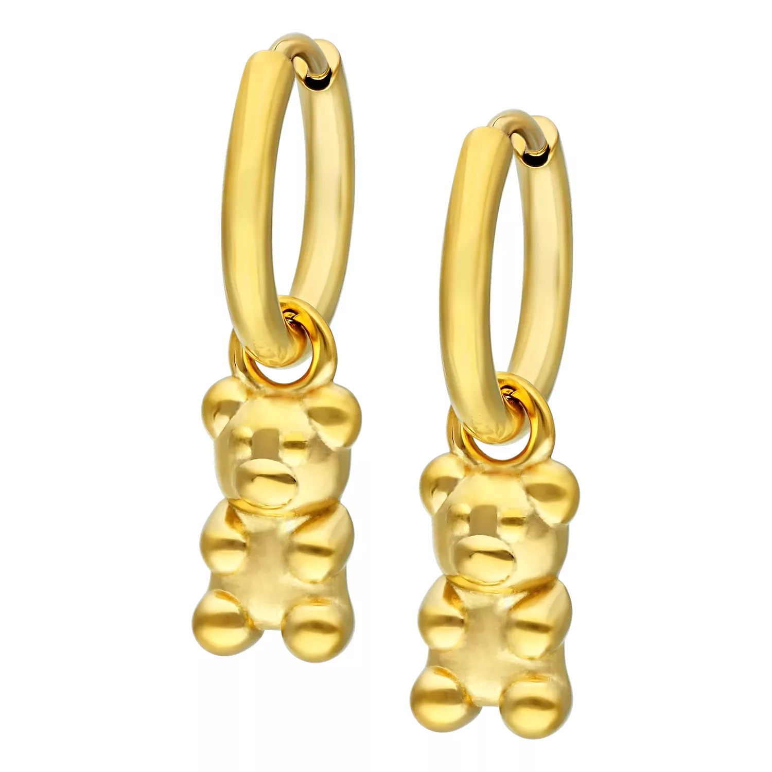 Kaksi kiiltävää kultaista korvakorua Gummikarhu-muotoilulla valkoisella taustalla