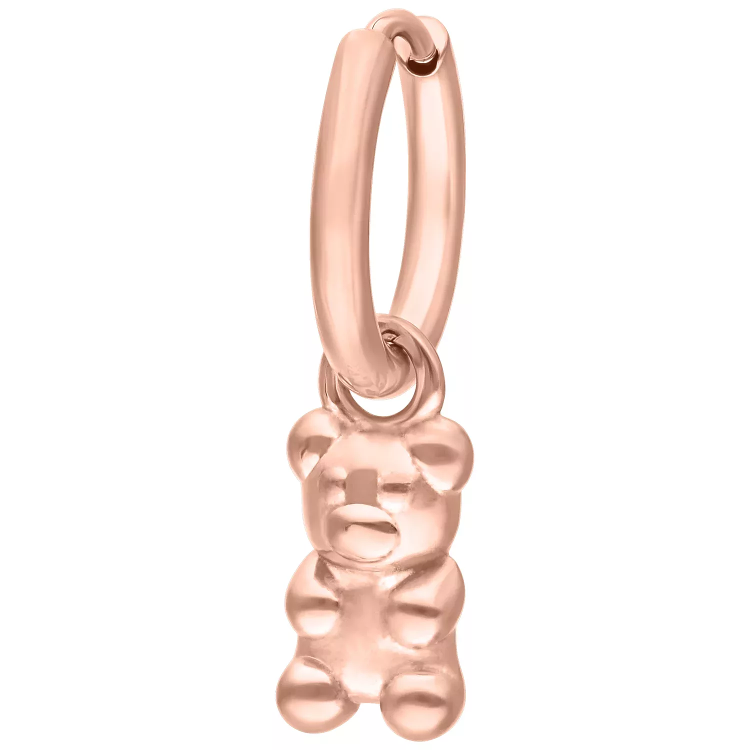 Rosékultaiset korvakorut nalle-riipuksella valkoisella taustalla