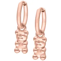 Kaksi ruusu-kultaista korvakorua, joissa roikkuvat kumikarhut valkoisella taustalla