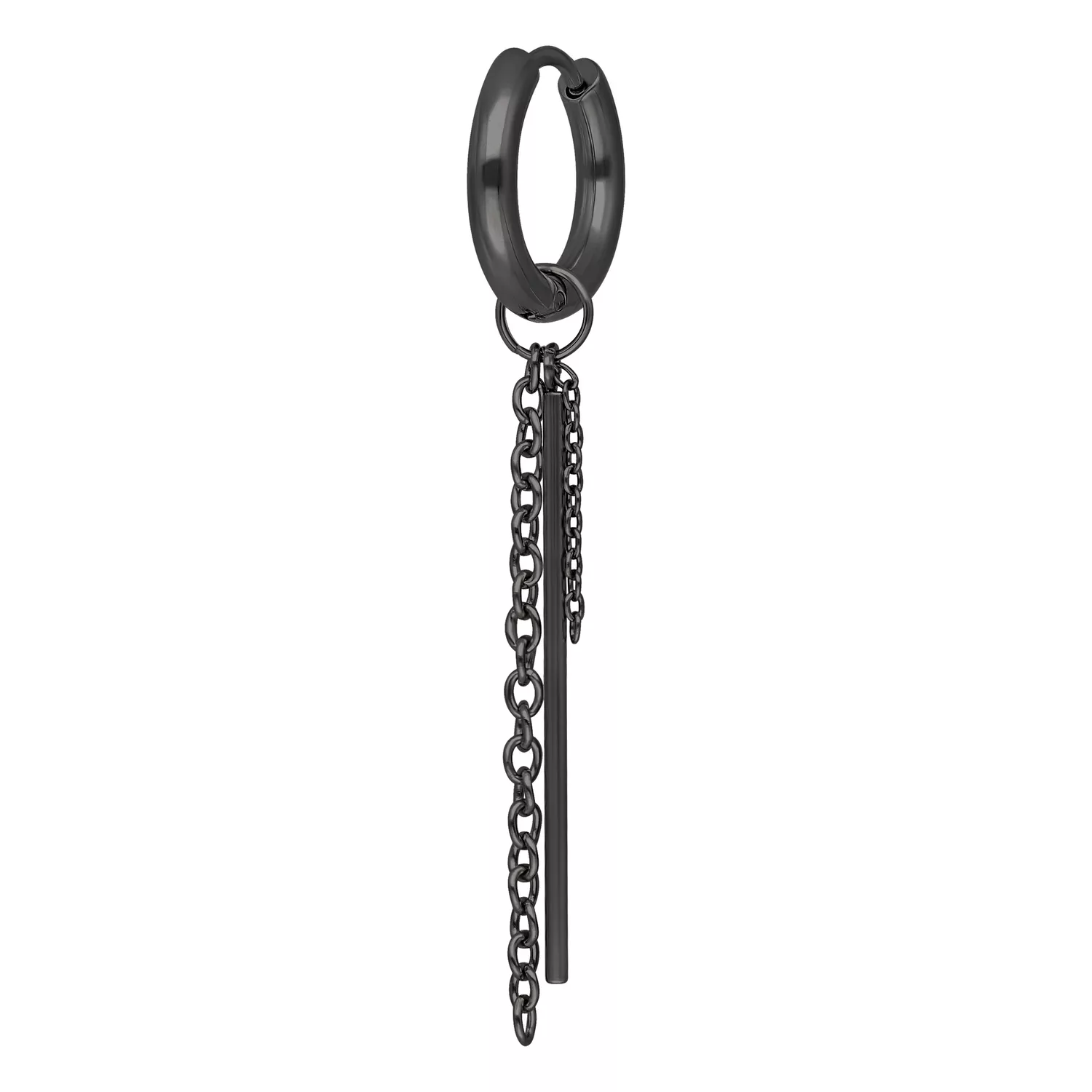 Musta korvakoru ketjuyksityiskohdilla kirurginteräksestä valkoisella taustalla