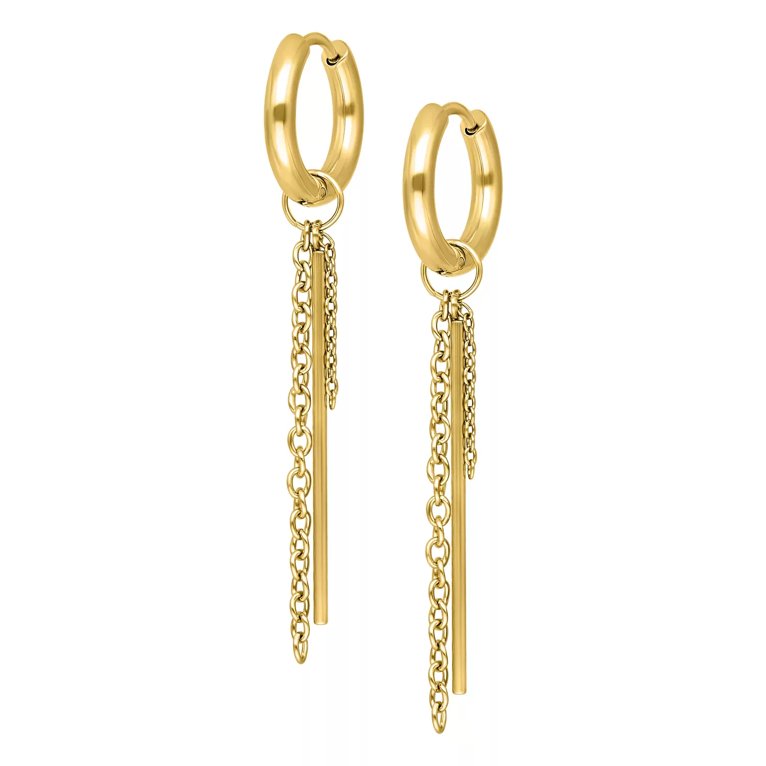 Kultaiset korvakorut ketjuriipuksella valkoisella taustalla