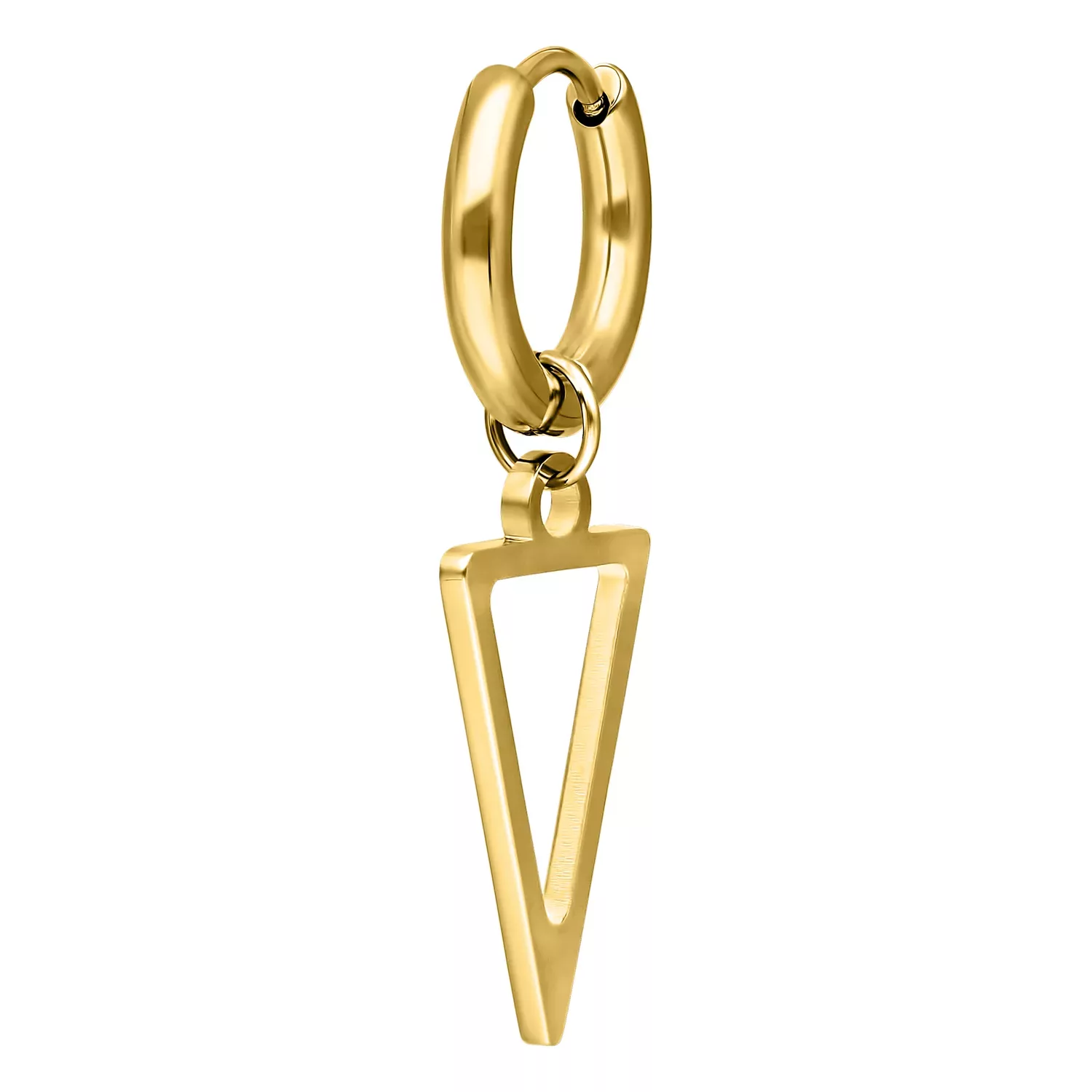 Kultaiset korvarenkaat kolmionmuotoisella riipuksella valkoisella taustalla