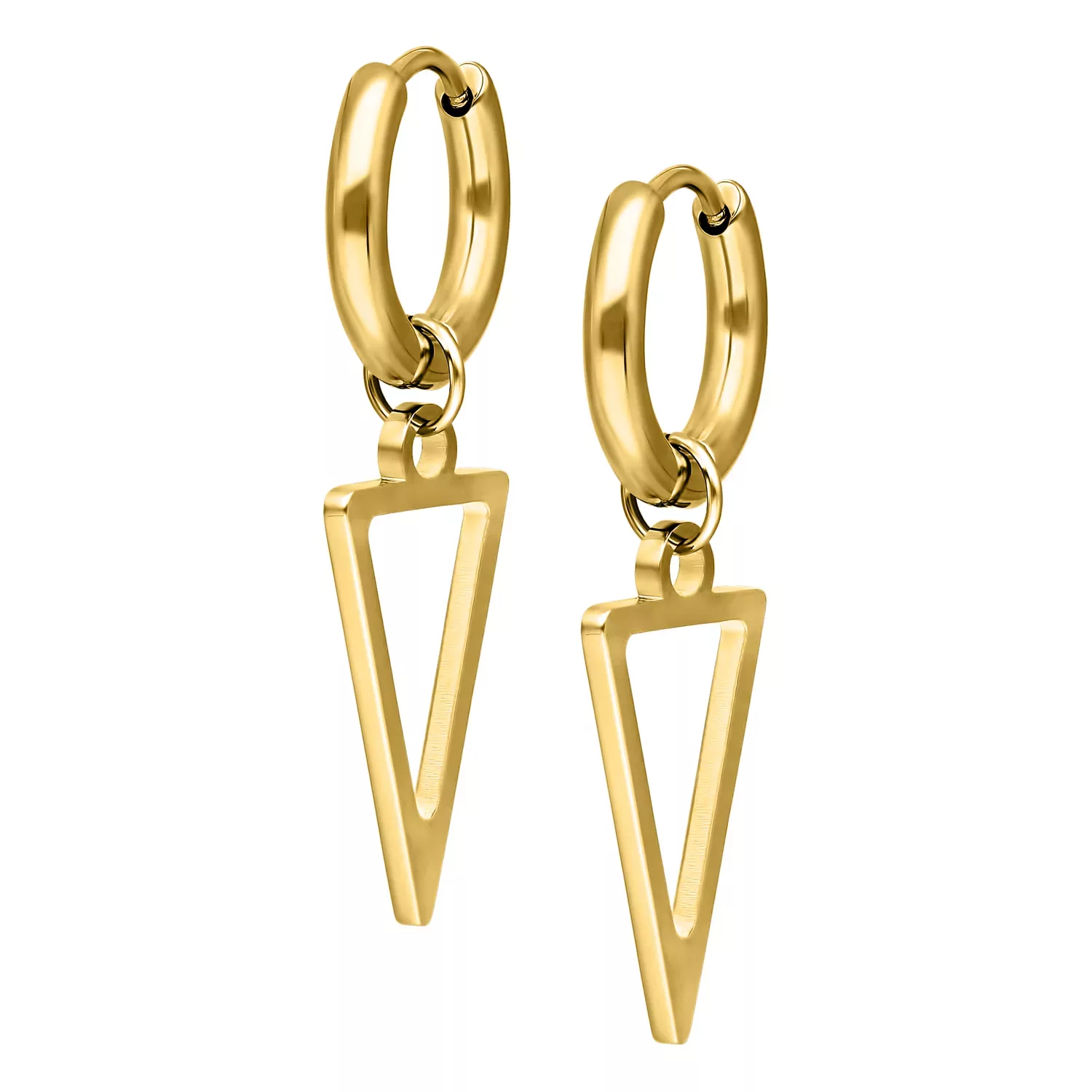 Kultaiset, kiiltävät kolmio korvarenkaat kirurginteräksestä 316L valkoisella taustalla