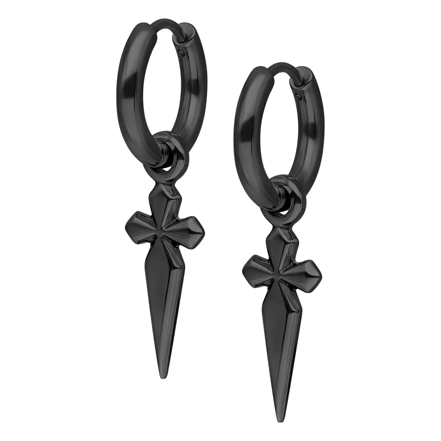 Kaksi mustaa rengaskorvakorua ristiriipuksella valkoisella taustalla