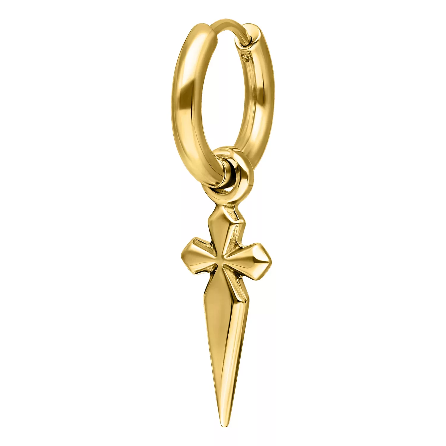 Kultaiset korvakorut pienellä ristiriipuksella valkoisella taustalla