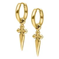 Kaksi kultaista rengaskorvakorua miekka-riipuksilla valkoisella taustalla