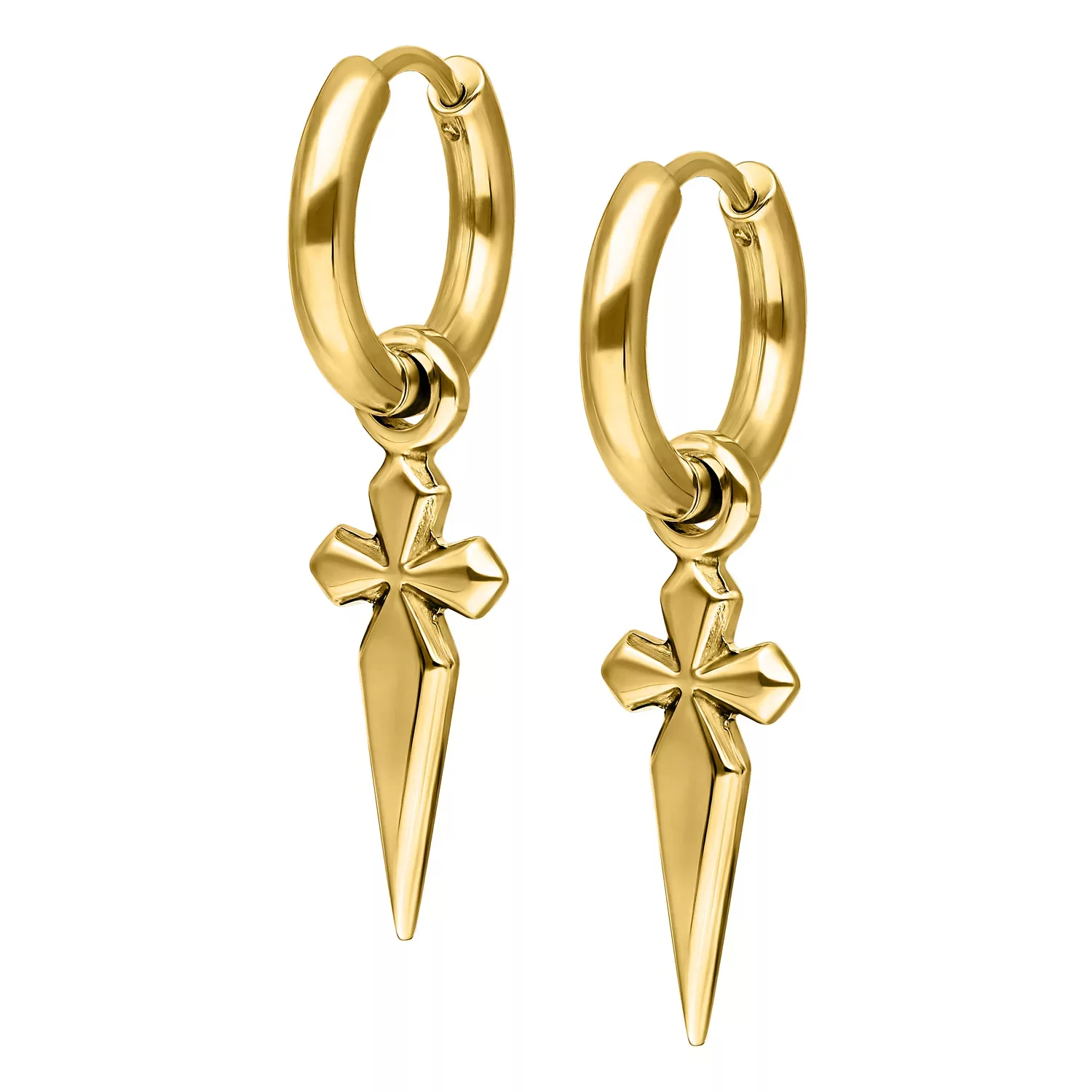 Kaksi kultaista rengaskorvakorua miekka-riipuksilla valkoisella taustalla