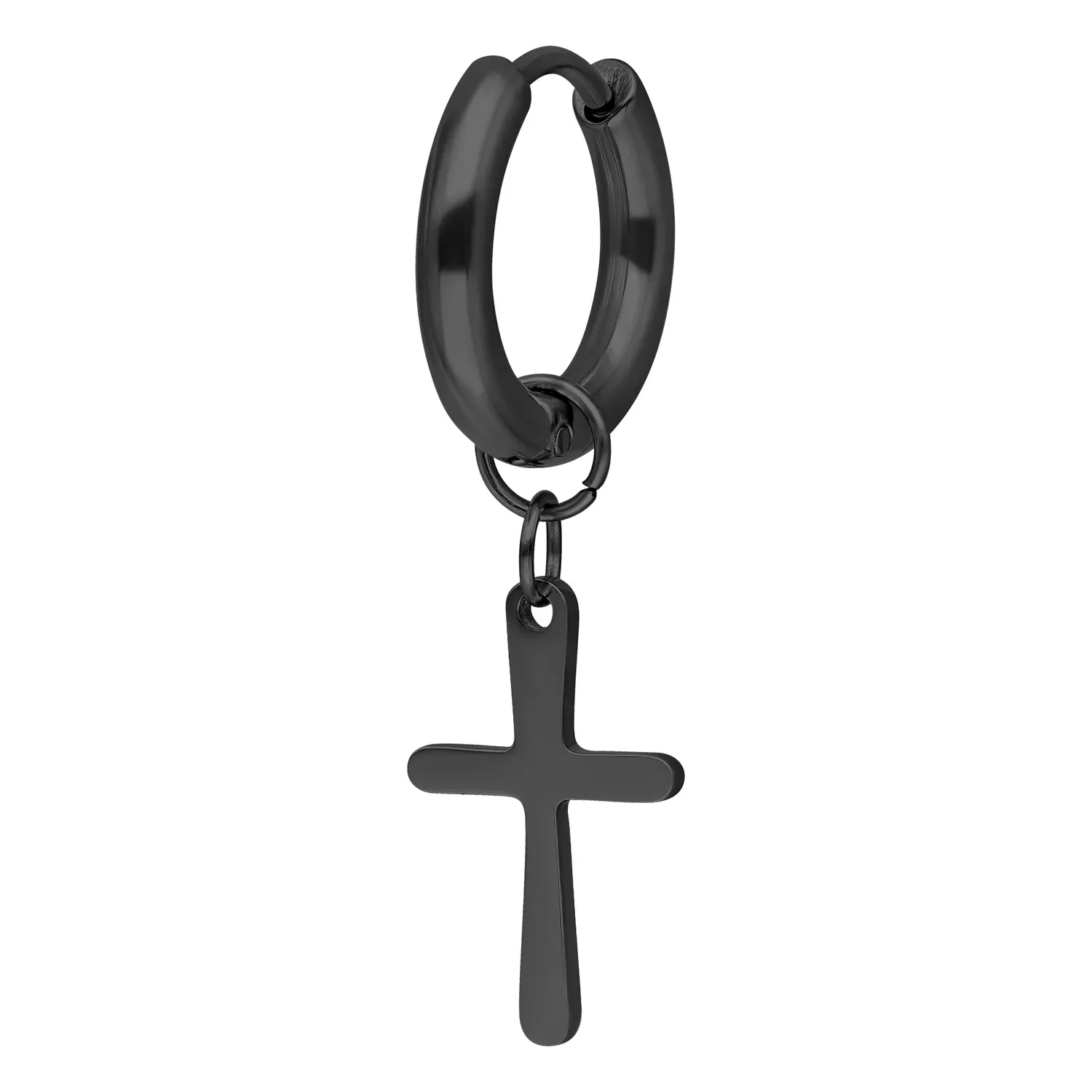 Musta rengaskorvakoru ristiriipuksella kiillotetusta kirurginteräksestä valkoisella taustalla