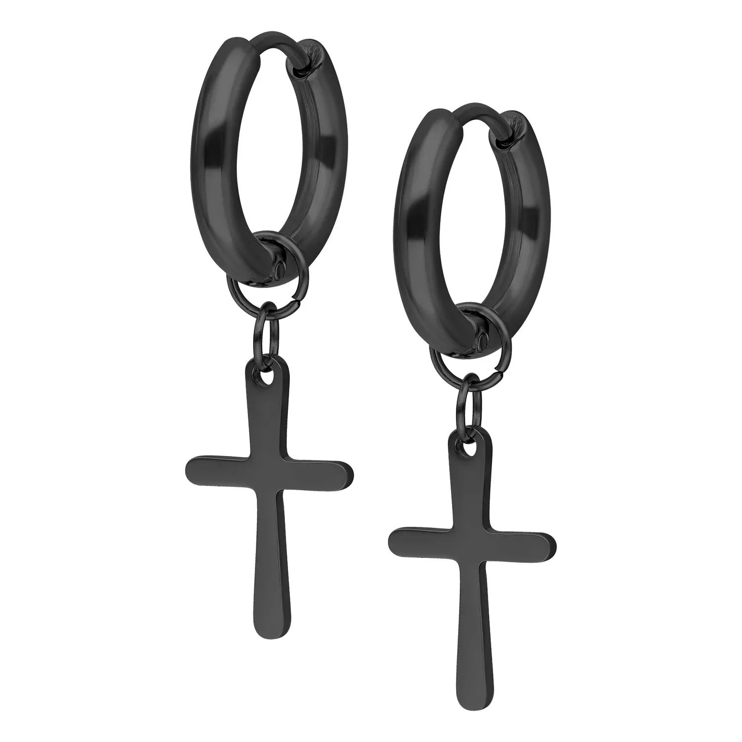 Kaksi mustaa ristikorvakorua kirurginteräksestä valkoisella taustalla