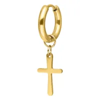 Kultaiset korvakorut ristiriipuksella valkoisella taustalla