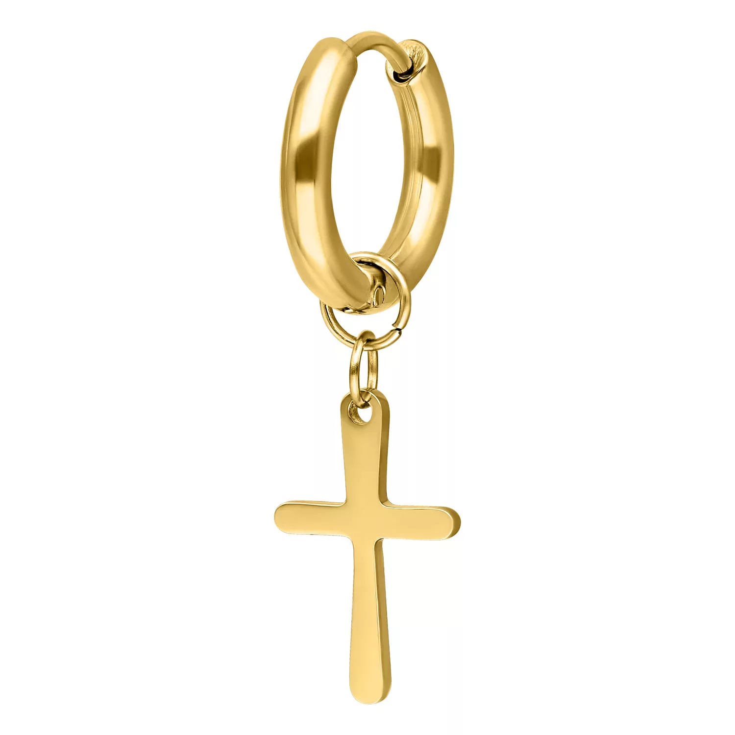 Kultaiset korvakorut ristiriipuksella valkoisella taustalla