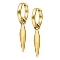 Kaksi kiiltävää, kultaista korvakorua pienillä terävillä riipuksilla valkoisella taustalla