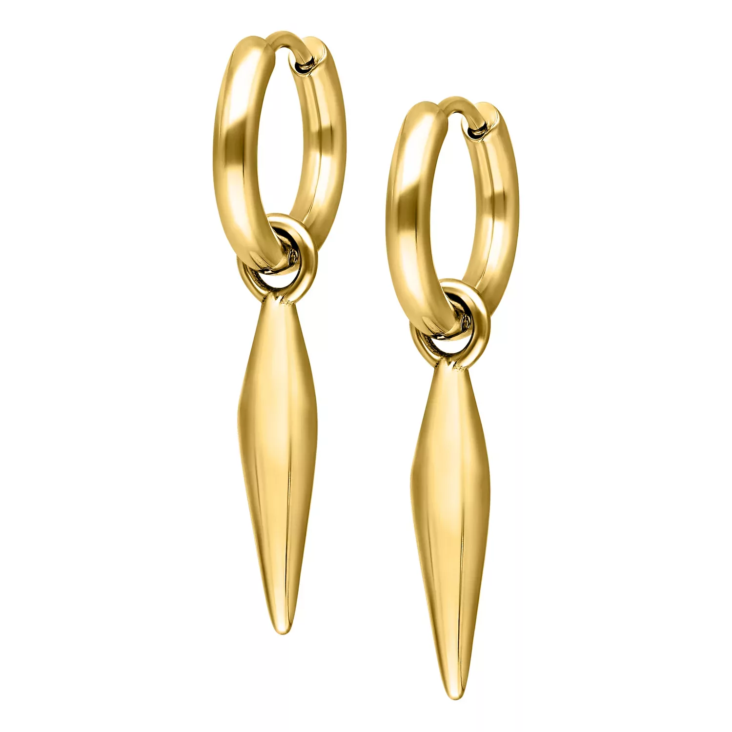 Kaksi kiiltävää, kultaista korvakorua pienillä terävillä riipuksilla valkoisella taustalla