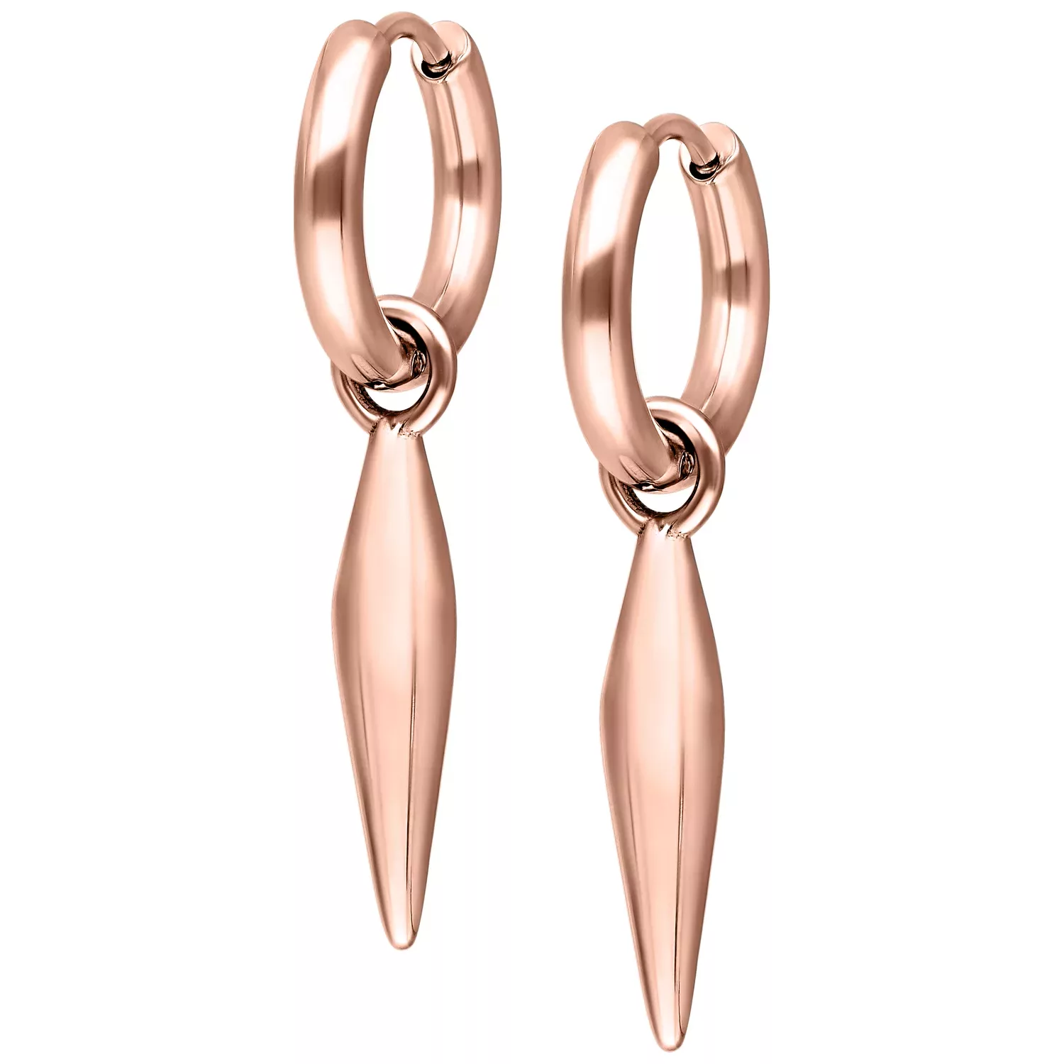 Rosékultaiset korvakorut pitkällä riipuksella valkoisella taustalla