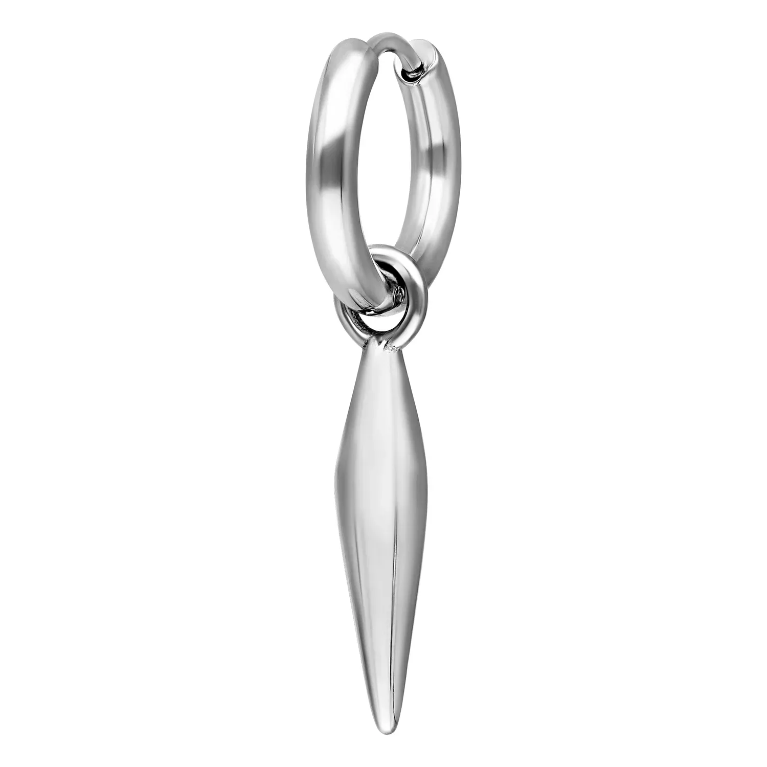 Hopeiset kirurginteräksestä valmistetut korvakorut, joissa terävä riipus valkoisella taustalla