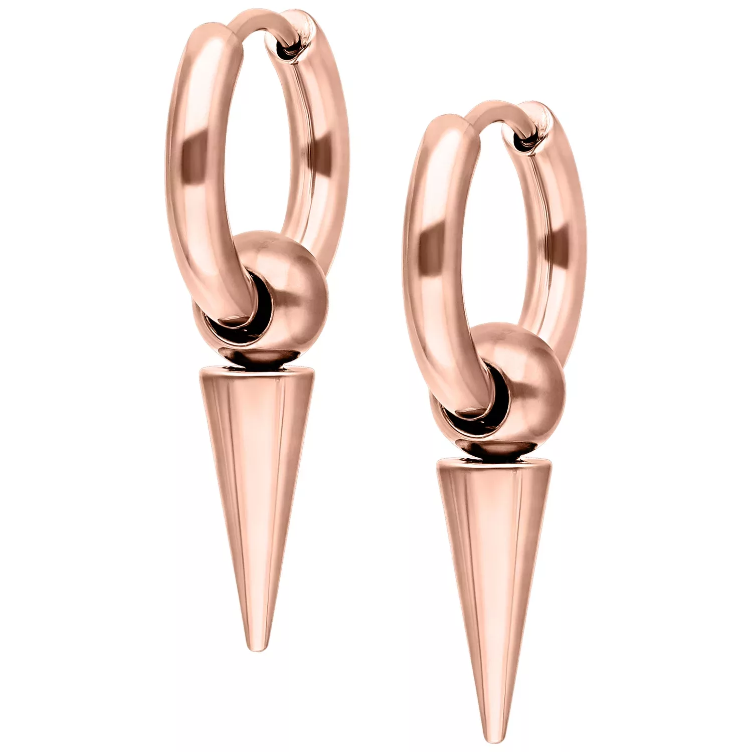 Pienet pitkät piikkirenkaat ruusukullassa Ruusukultaiset korvakorut pitkine piikkeineen valkoisella taustalla