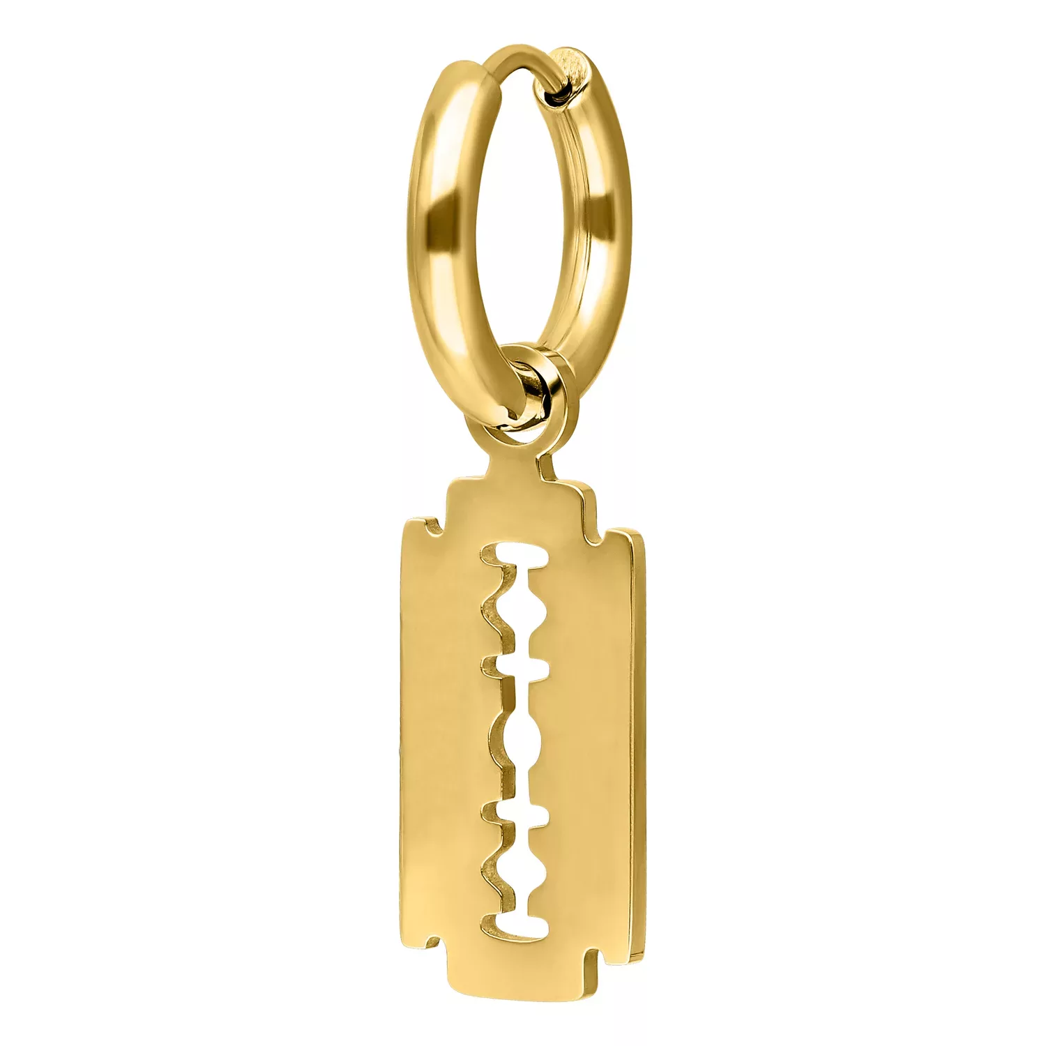 Kultaiset korvakorut, joissa on partaterä-riipus valkoisella taustalla