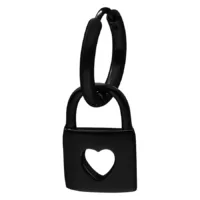 Musta Little Lock Hoops -korvakorut Musta lukonmuotoiset korvakorut sydändetaljilla valkoisella taustalla