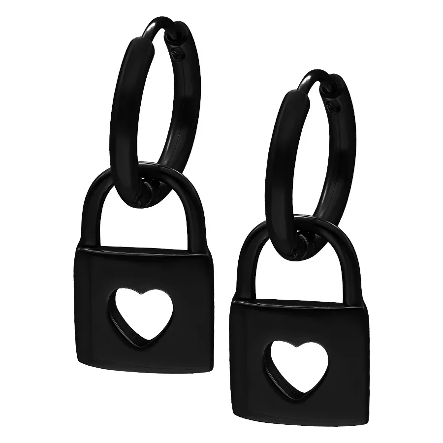 Musta Little Lock Hoops -korvakorut Kaksi mustaa korvakorua lukkosulkeisessa muodossa sydämenmuotoisella aukolla valkoisella taustalla