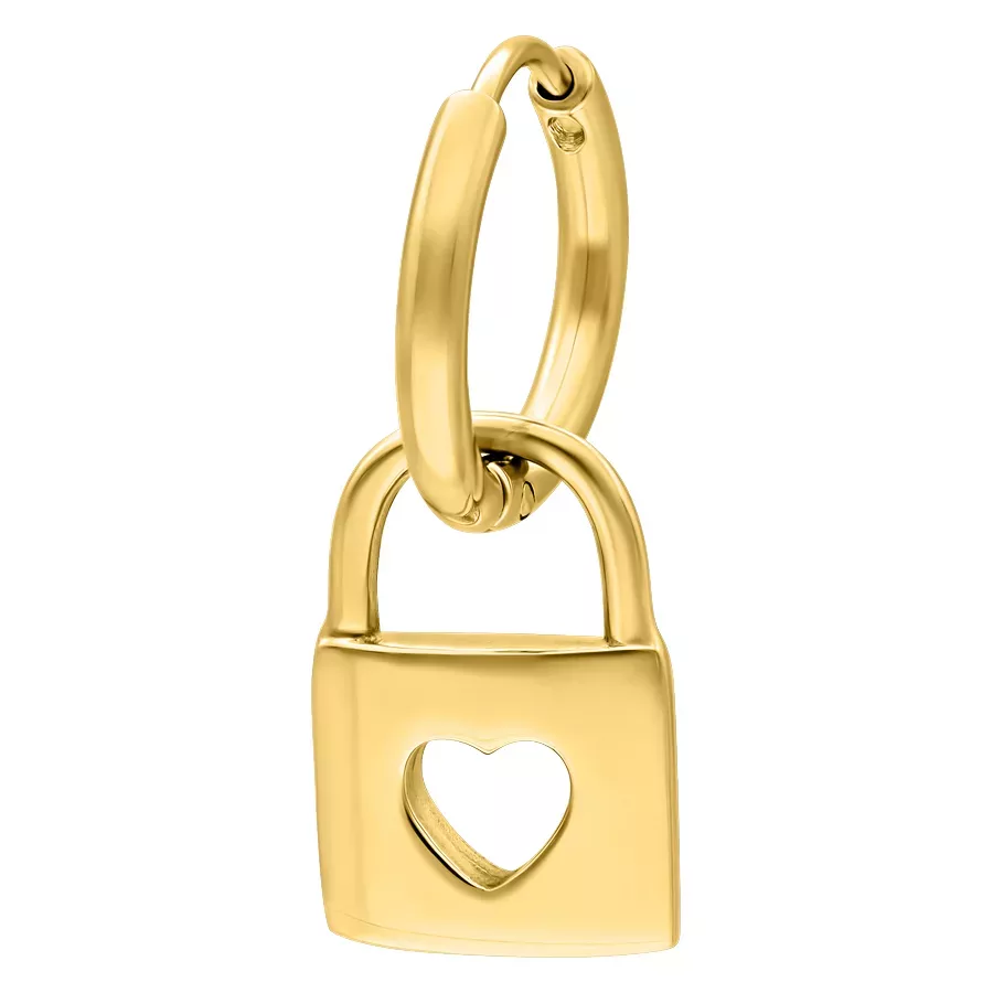 Kultaiset korvakorut sydämenmuotoisella lukko-riipuksella valkoisella taustalla