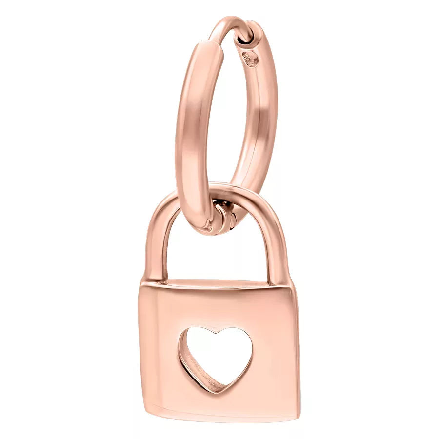 Rosékultaiset korvakorut lukko-riipuksella valkoisella taustalla