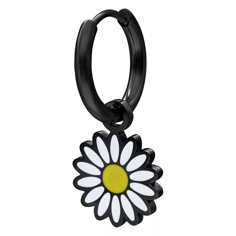 Musta Little Daisy Hoops päivänkakkaroilla Musta korvakoru päivänkakkara-riipuksella valkoisella taustalla