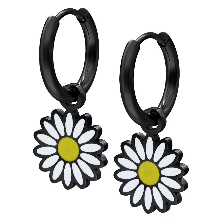Musta Little Daisy Hoops -korvakorut Musta Daisy Hoops -korvakorut kirurginteräksestä, päivänkakkarariipuksella valkoisella taustalla