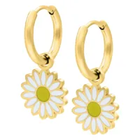 Kultaiset Little Daisy Hoops -korvakorut Kultaiset korvakorut päivänkakkara-riipuksella valkoisella taustalla