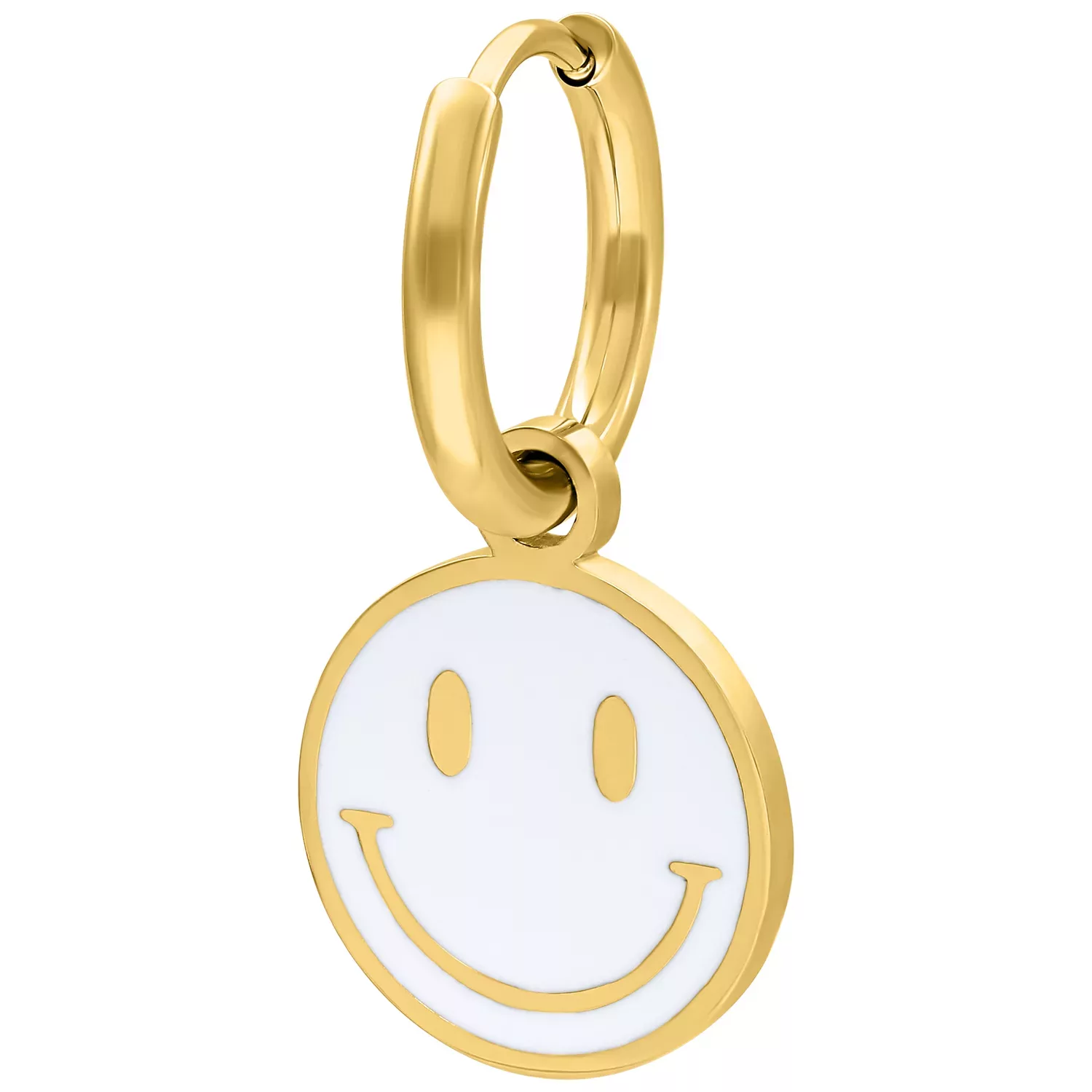 Kultainen korvakoru, jossa valkoinen Smiley-riipus valkoisella taustalla