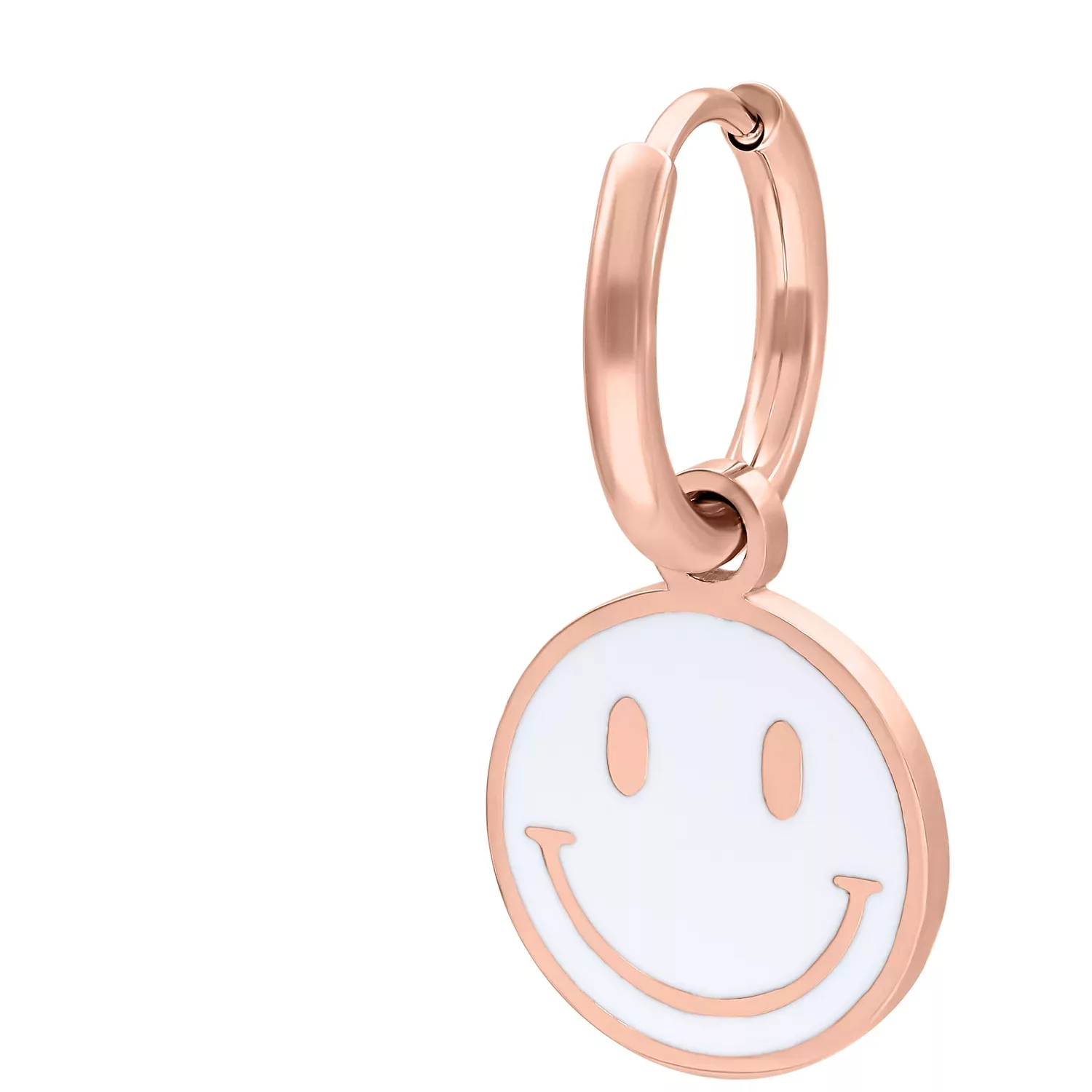 Ruusuhopeiset korvakorut valkoisella Smiley-riipuksella valkoisella taustalla