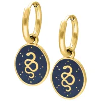 Kultaiset korvakorut käärmeaiheella tummansinisellä taustalla