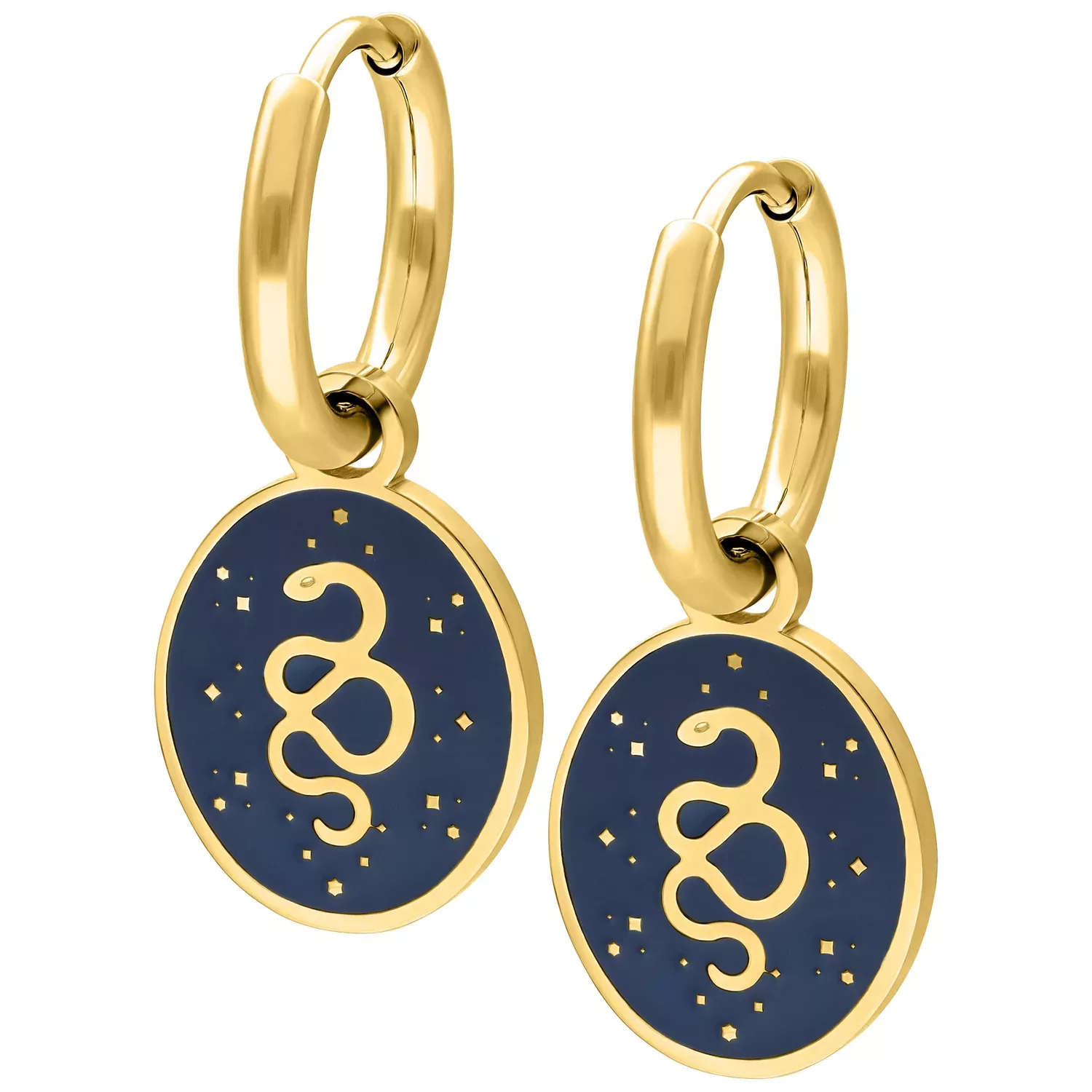 Kultaiset korvakorut käärmeaiheella tummansinisellä taustalla