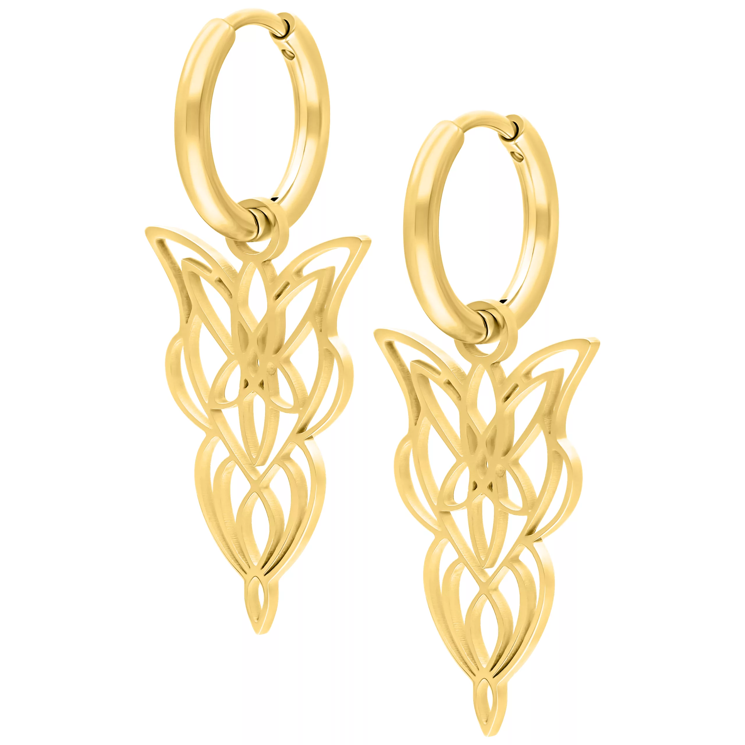 Kaksi kultaista Little Elves Hoops -korvakorua hienostuneella muotoilulla valkoisella taustalla