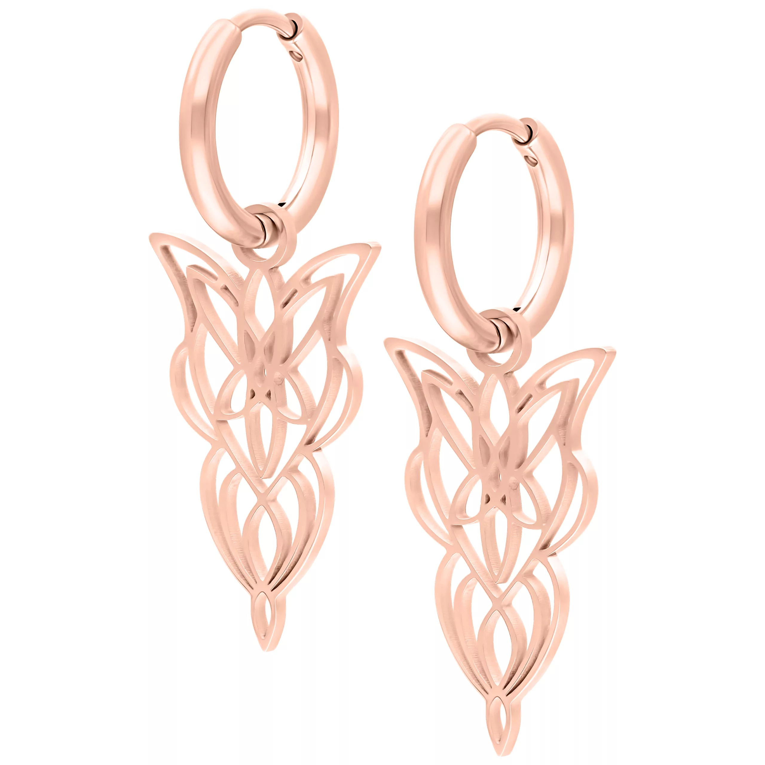 Rosekultaiset korvakorut hienostuneella muotoilulla valkoisella taustalla