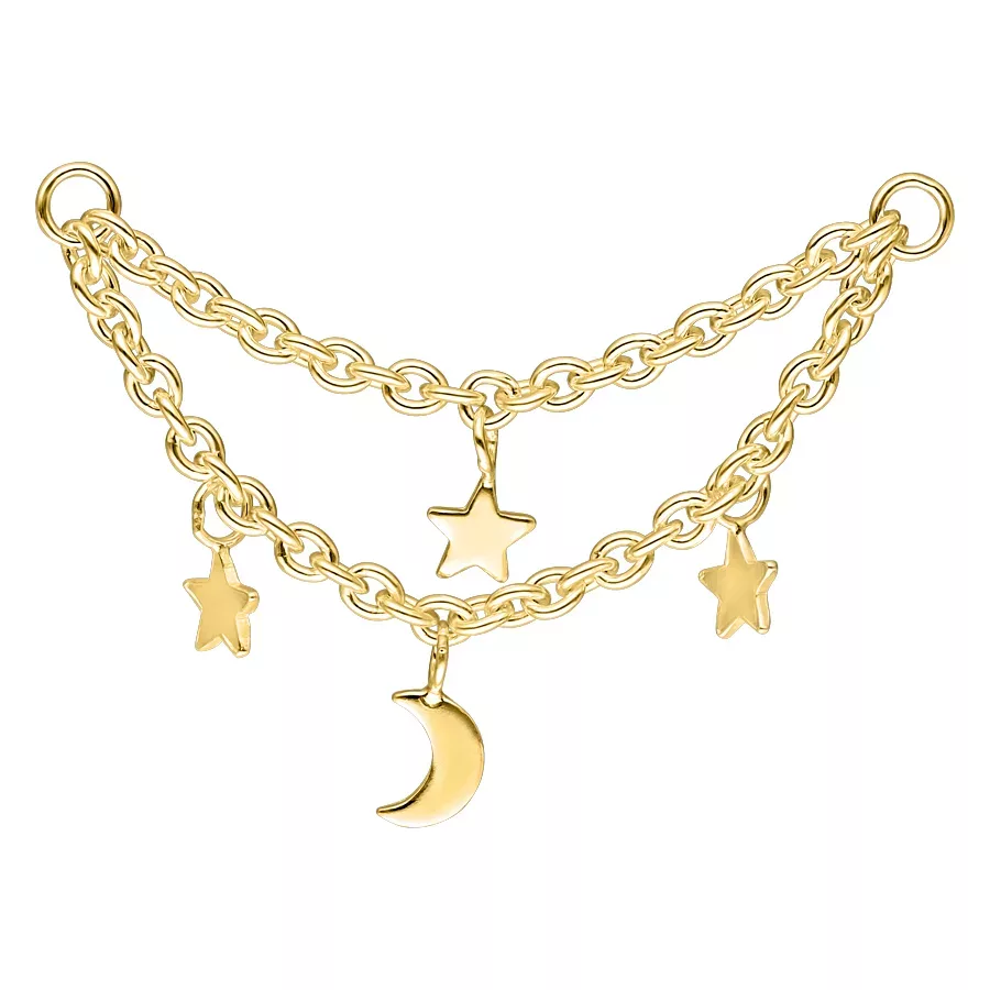 Kultainen piercingketju, jossa on kuu- ja tähti-riipukset valkoisella taustalla