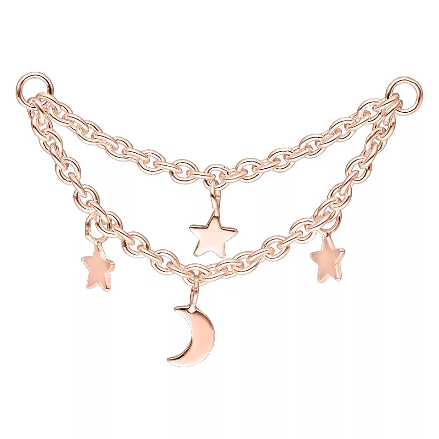 Ruusukultainen lävistysketju, jossa on kuu ja tähtiä valkoisella taustalla