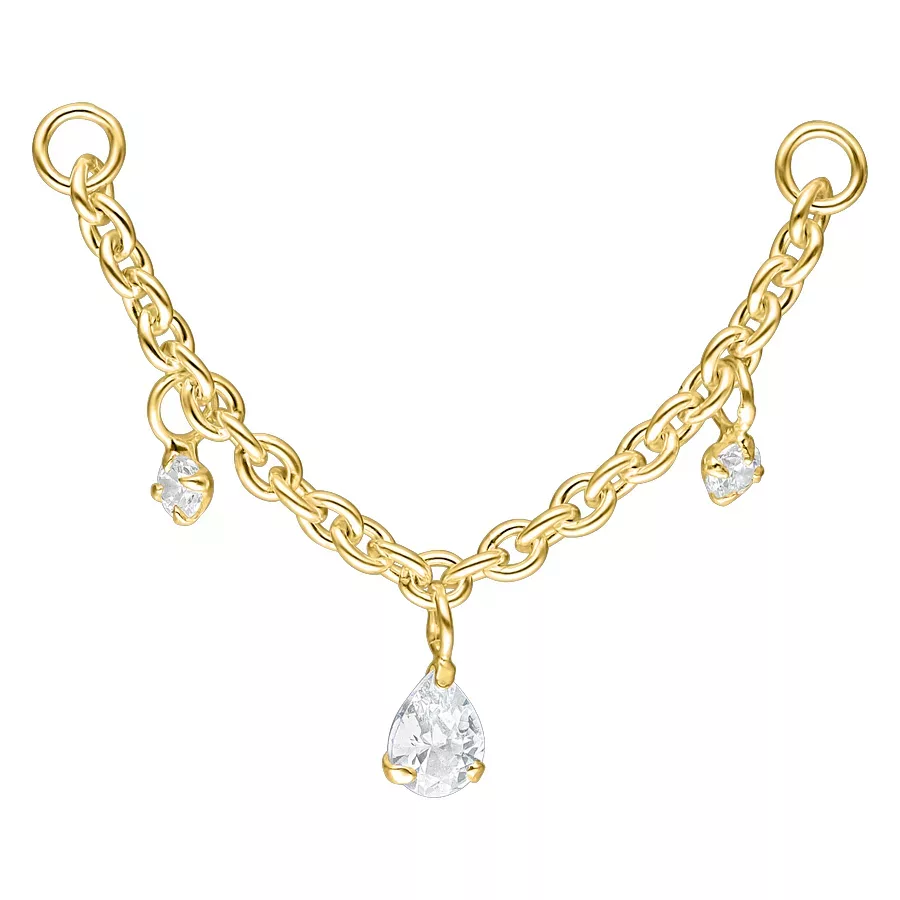 Kultainen ketju, jossa roikkuvat kristallinkirkkaat pisarat valkoisella taustalla