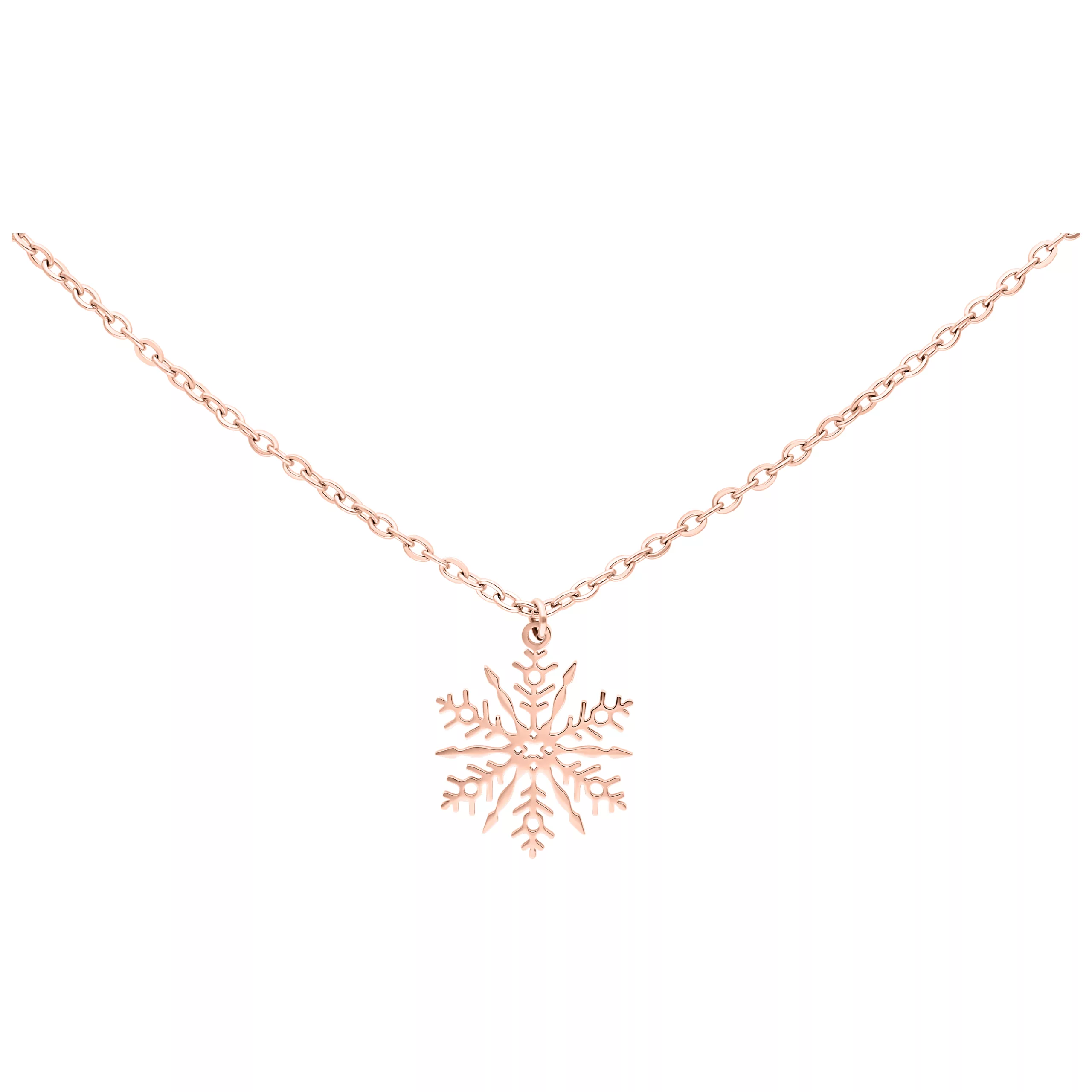 Ruusu-kultainen kaulakoru lumihiutale-riipuksella valkoisella taustalla