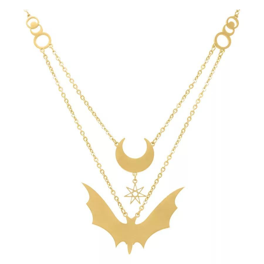 Kultaketju, jossa on kuu- ja lepakko-riipus valkoisella taustalla