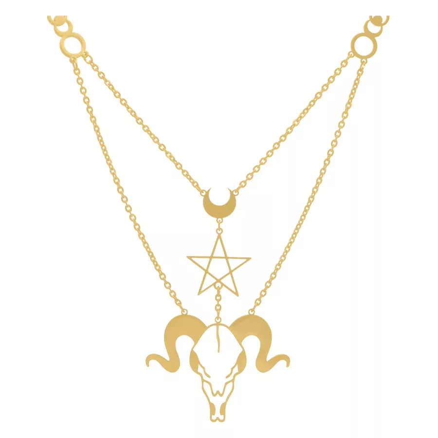 Kultainen Dark Aries -ketju kirurginteräksestä Kultainen Dark Aries -ketju, jossa on oinaan pää ja tähti riipus valkoisella taustalla