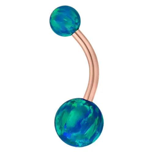 Napakoru Bananabell kahdella tummansinisellä opalilla ja ruusukultaisella tangolla, 8,0 mm pitkä